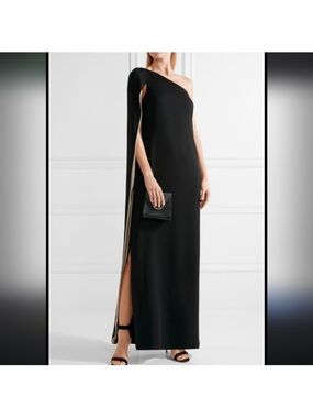 Halston Heritage Black One-Shoulder Maxi Dress with Side Cape
